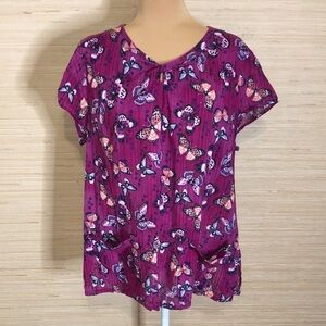 Koi by Kathy Peterson Purple Butterfly Print Women's Scrub Gauze Cotton Top 2X
